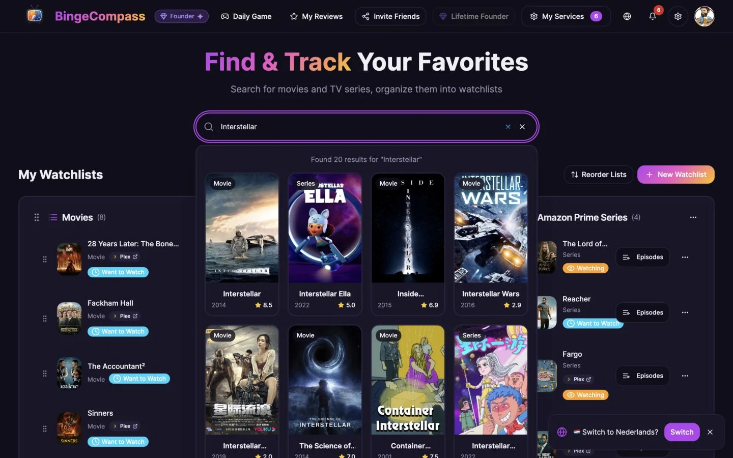 BingeCompass — zoekresultaten voor films en series