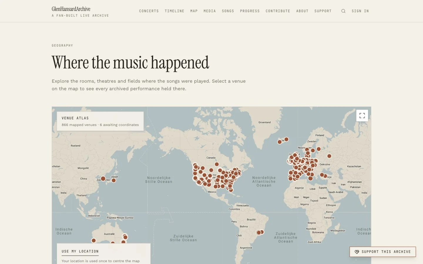 Glen Hansard Archive — interactieve wereldkaart van concertlocaties